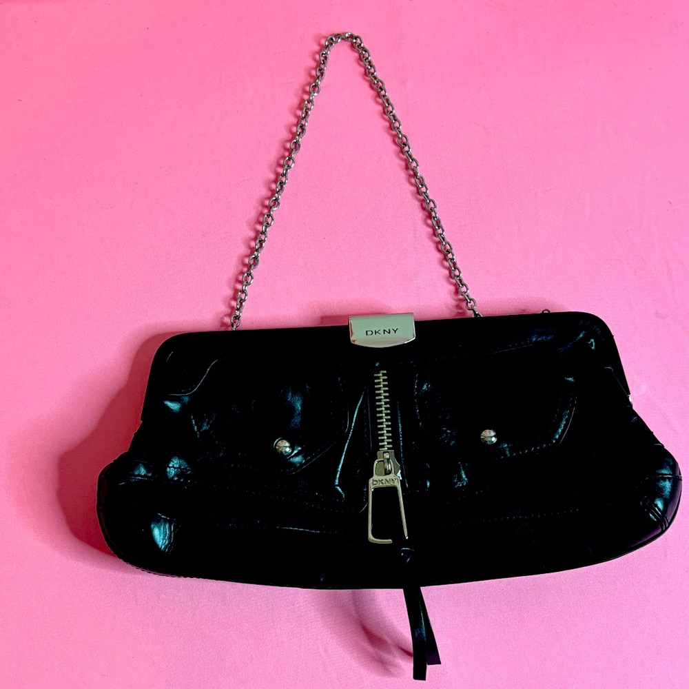 DKNY Black Leather Clutch with Chain Strap